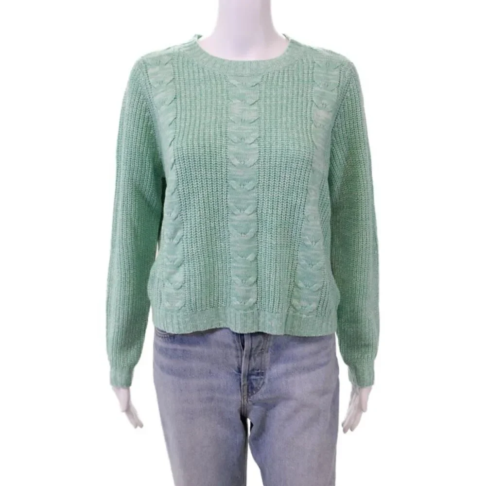 Line And Dot Womens Long Sleeve Crop Pullover Cable-Knit Sweater Green Size XS